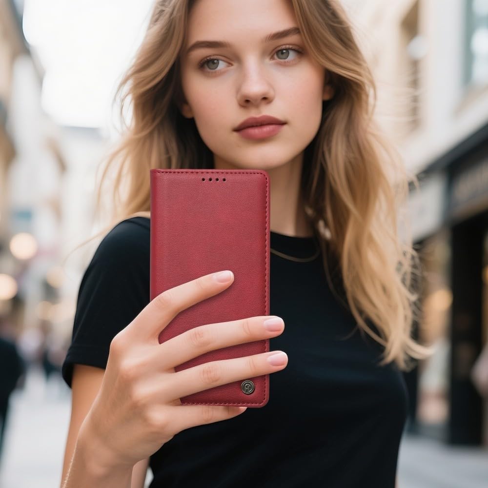 Generic custodia compatibile con Google Pixel 10 Pro XL (colore: rosso) tinta unita retrò portafoglio in pelle slot per carte di credito flip cover magnetica