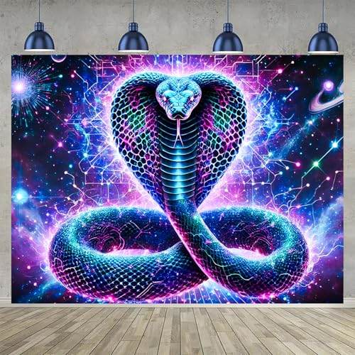 Image of BlissYard Blacklight Tapestry Cobra Snake Decor 78x59 Inch Neon Glow in Dark Backdrop Blacklight Tapestry Psychedelic Galaxy Reptile Scene for Bedroom Wall Hanging Party Room Cosmic Jungle Art