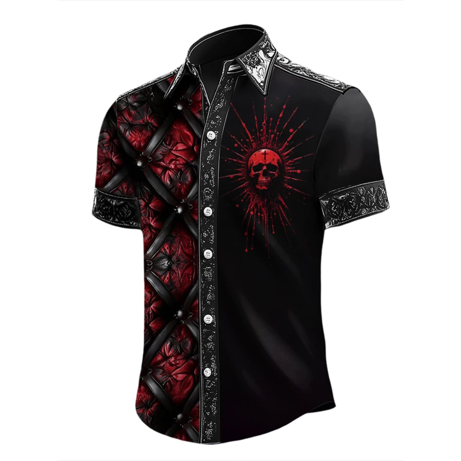 Zanisouta Halloween Costume Men's Short Sleeve Summer Shirt Gothic Casual Shirt Horror Skull Printed Blouse Lapel Button Shirt Blood Splatter Tops Funny Outfit Carnival Party Shirt, Y Black, 3XL