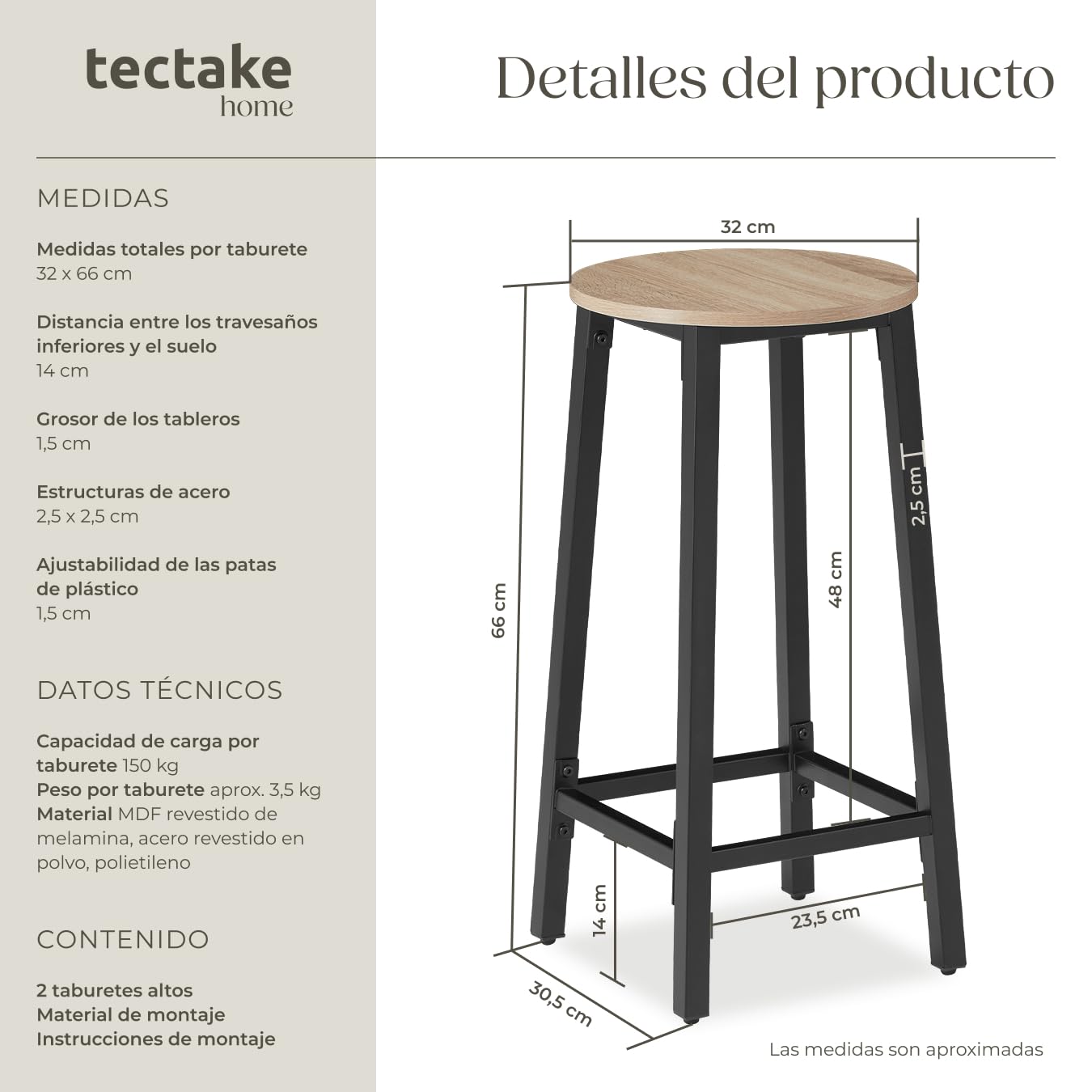 tectake® Juego de Taburetes de Bar con Estilo Industrial, para sillas Comedor, Taburete Alto Cocina, sillas de Comedor, Barra de Cocina - 32 x 32 x 66 cm Madera Industrial Clara, Roble Sonoma