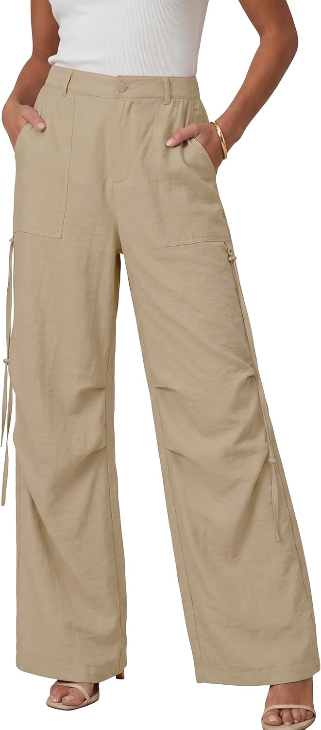 Drawstring Baggy Pleated Pants Women Casual Wide Leg High Waist Drawstring Beach Summer Trousers 2026