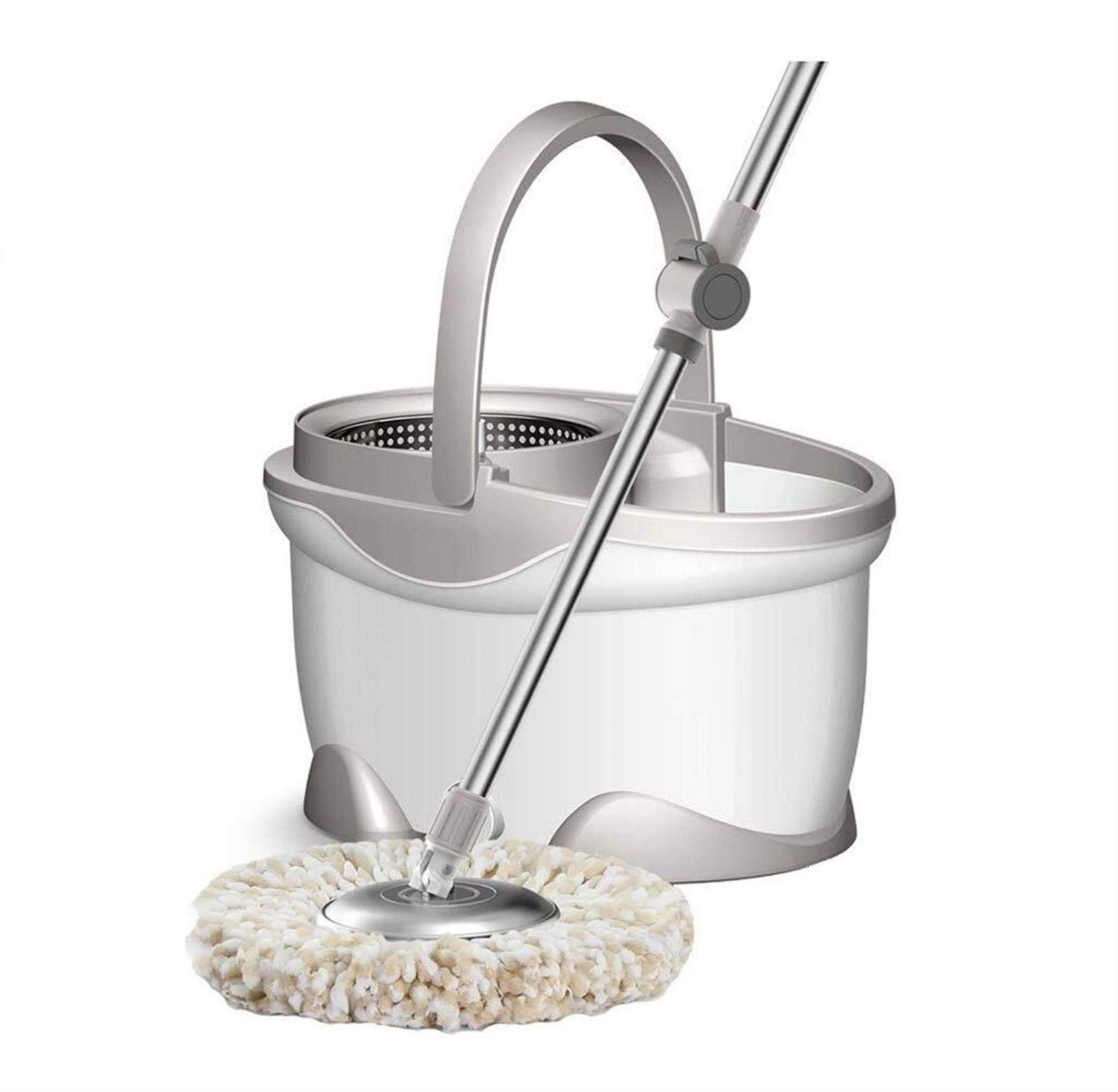 SinSed Juego de fregona y Cubo Giratorio de Acero Inoxidable con deshidratación automática - Fácil de Limpiar - Diseño Compacto y Plano - Incluye 3 recambios de Microfibra - Blanco