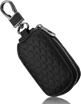 Genuine Leather Car Key Case, Universal Black Leather Key Fob Cover Protector with Zipper & Keychain, Premium Car Keys Holder Pouch for Men Women
