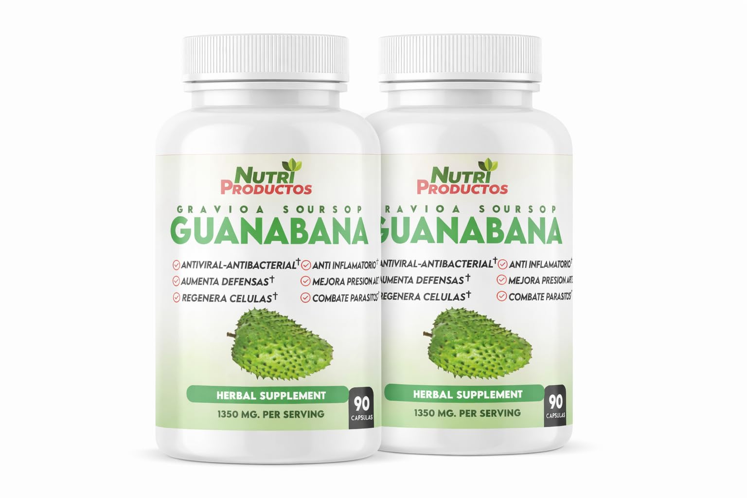 Nutrisalud Products Capsulas de Guanabana Extra potente 1350mg per Serving. Set de 2 frascos con 90 Cap c/u. Aumenta Defensas, Anti Inflamatorio, Mejora Presion Arterial, Regenera Celulas.