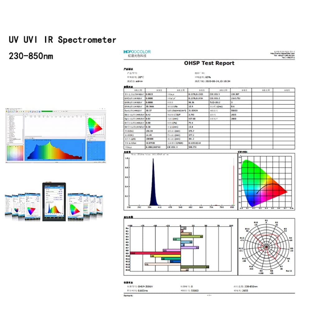 OHSP-350UV UV Spektrometer, 230-850nm UVA UVB UVC Radiometer mit Extend Fiber – HOPOOCOLOR tragbares Lichtspektrummessgerät für UV-LED, Bestrahlung (mW/cm²) & CCT
