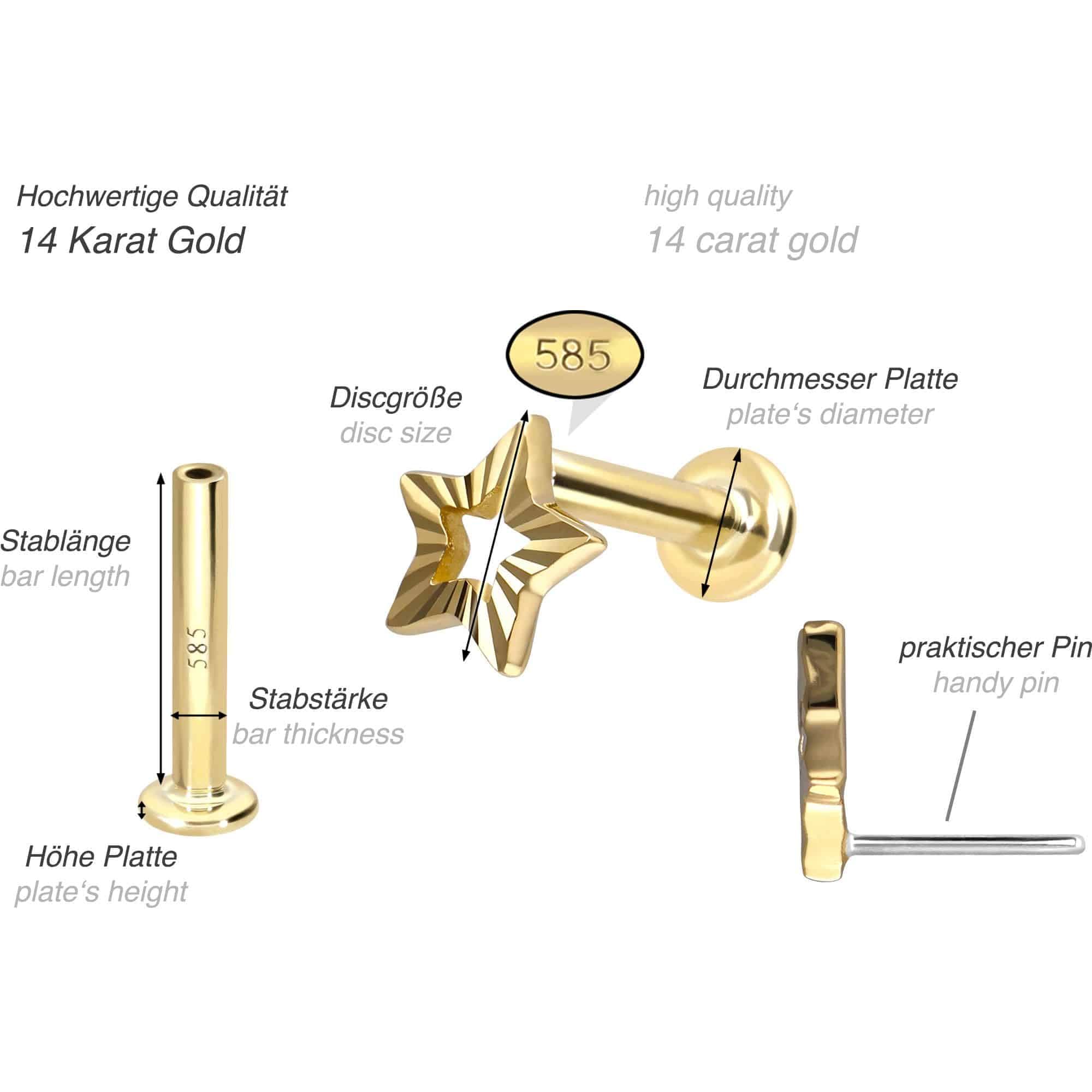 PIERCINGLINE Piercing Stecker 14 Gold Labret mit Push Fit STERN 585er Gold - Roségoldfarben, Goldfarben, Silberfarben