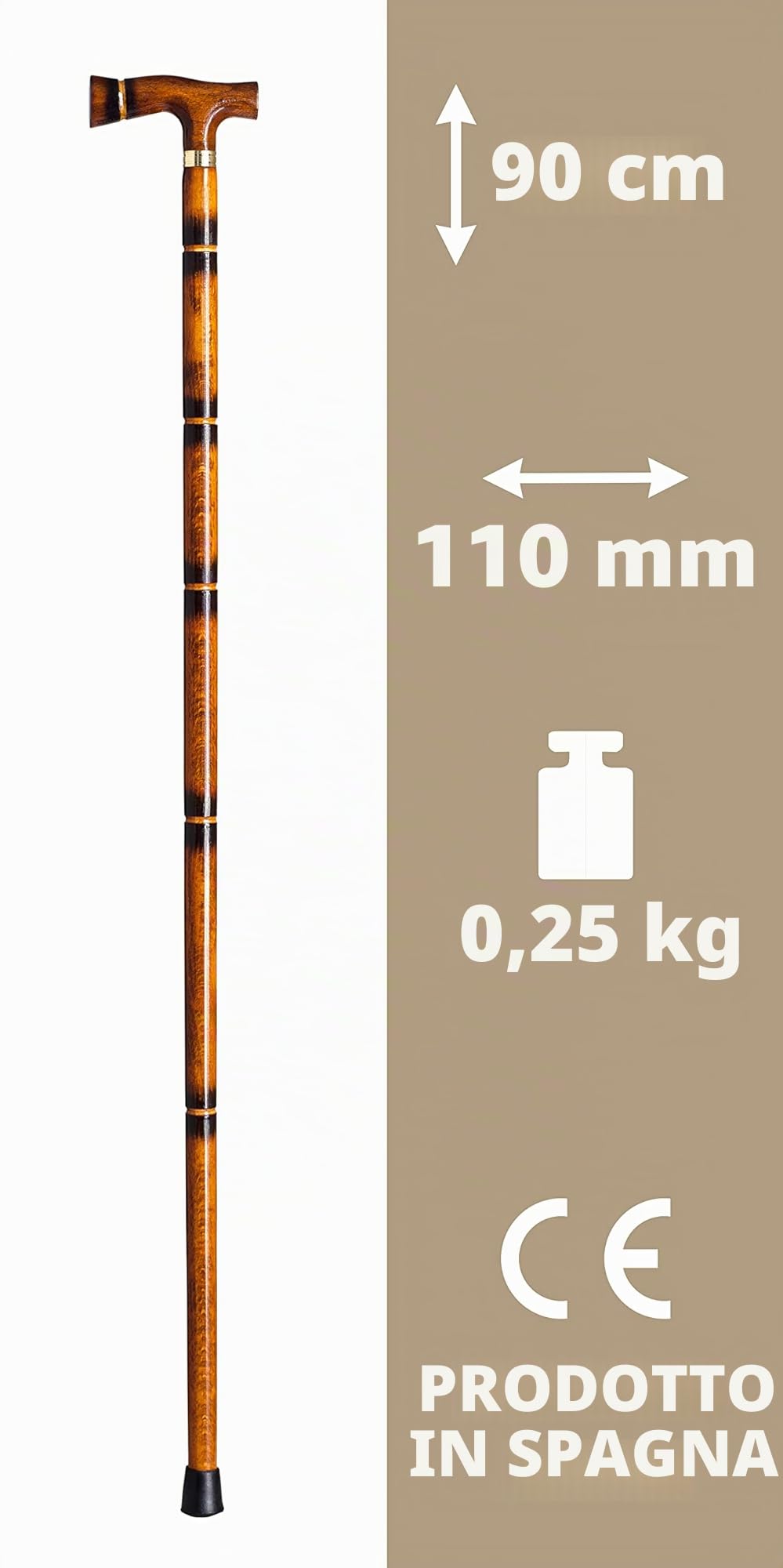 Bastone da passeggio sconosciuto in legno, marrone, 25 mm, 92 cm, 2,5 kg, 100 cm, con manico ergonomico decorato con strisce e bordo smerigliato