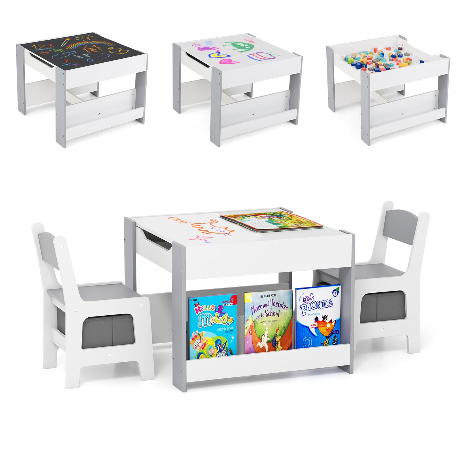 GLACER Kids Table and Chairs, 4 in 1 Wooden Activity Table with Bookshelves, Reversible Tabletop, Chalkboard for Crafts, Drawing, Toddler Table and Chair Set, Easy to Clean (White + Gray)