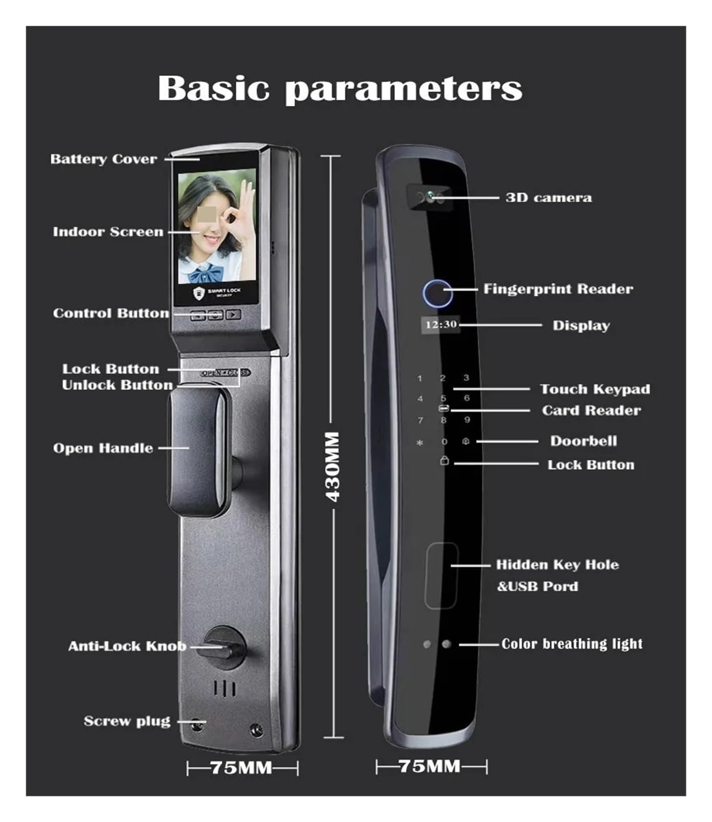 3D-Gesichtserkennung, Fingerabdruck, Wasserdicht, Intelligentes Türschloss, WLAN-Fernbedienung, Fotosteuerung, Entriegelung Mit App-Schlüssel, NFC-Karte, RFID Einfache Hohe Sicherheit(24x240s)