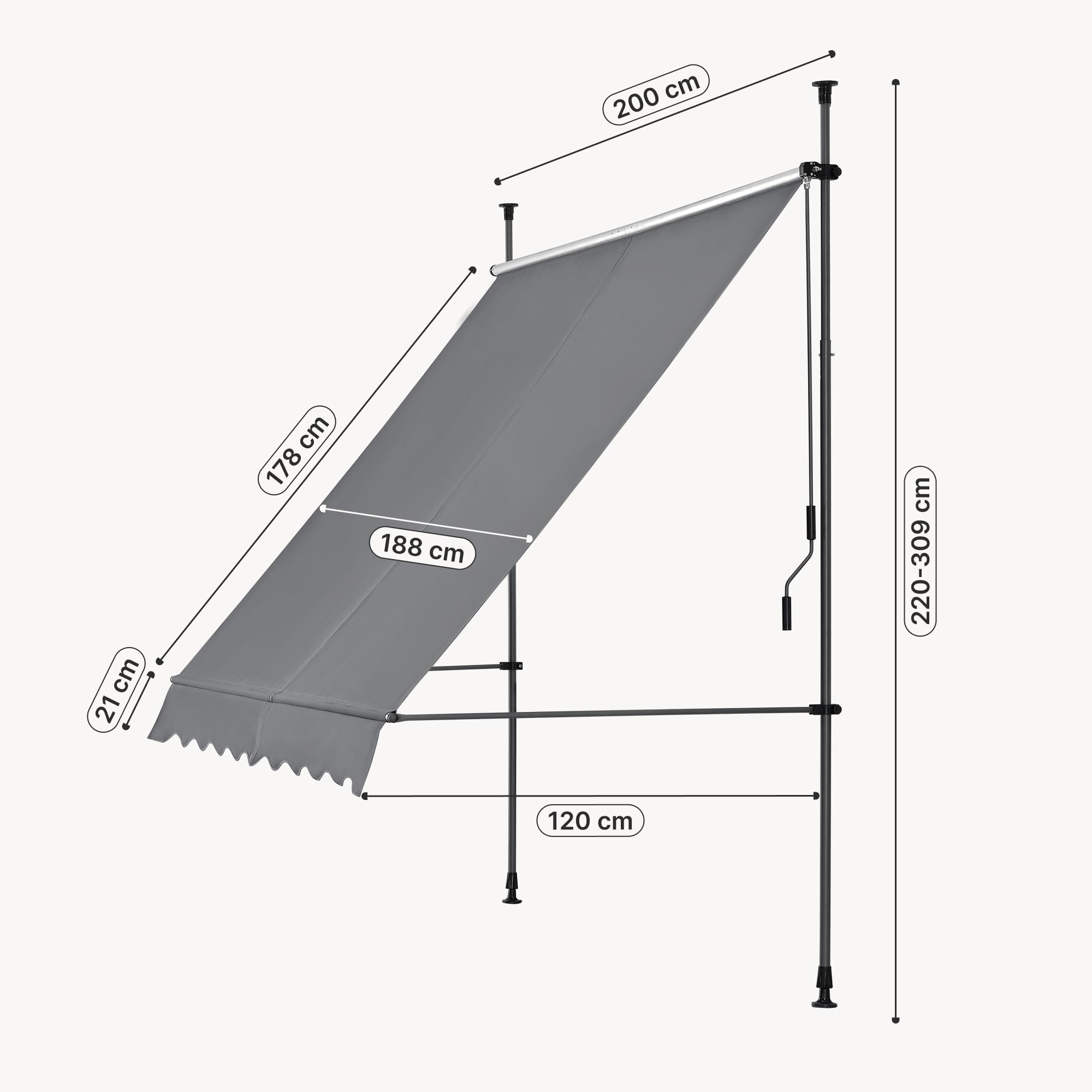 pro.tec Markiza z mocowaniem zaciskowym, bez wiercenia, balkonowa, ochrona przed słońcem, średnioszara, 200 x 120 x 200-300 cm
