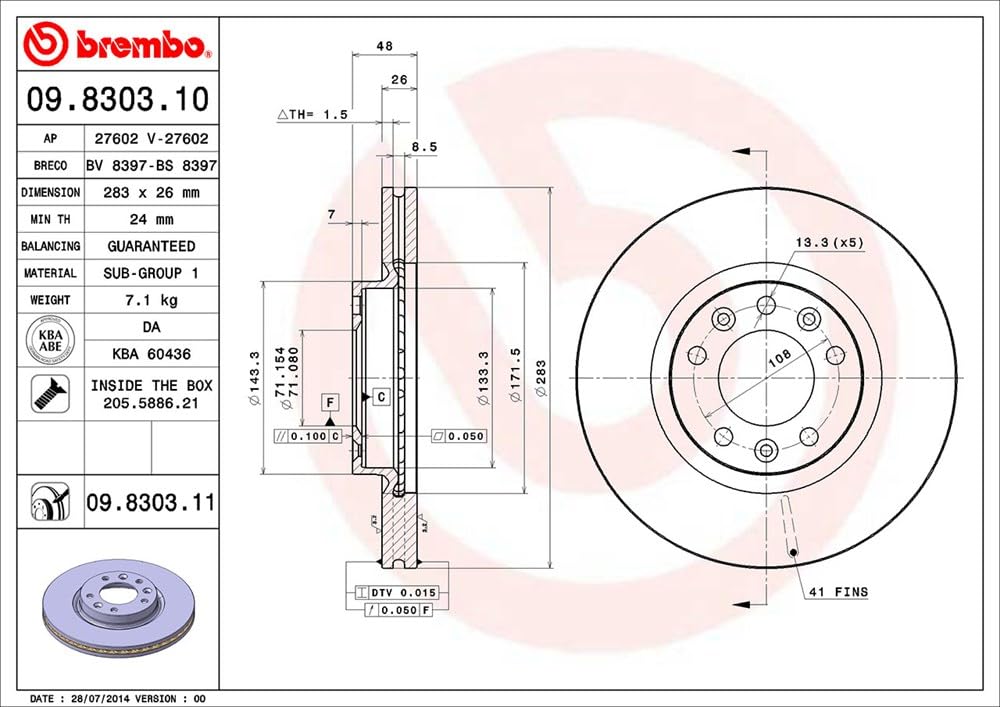 Brembo 09.8303.11 - Disque du Frein Avant avec revêtement anti-corrosion UV - Jeu de 2 disques