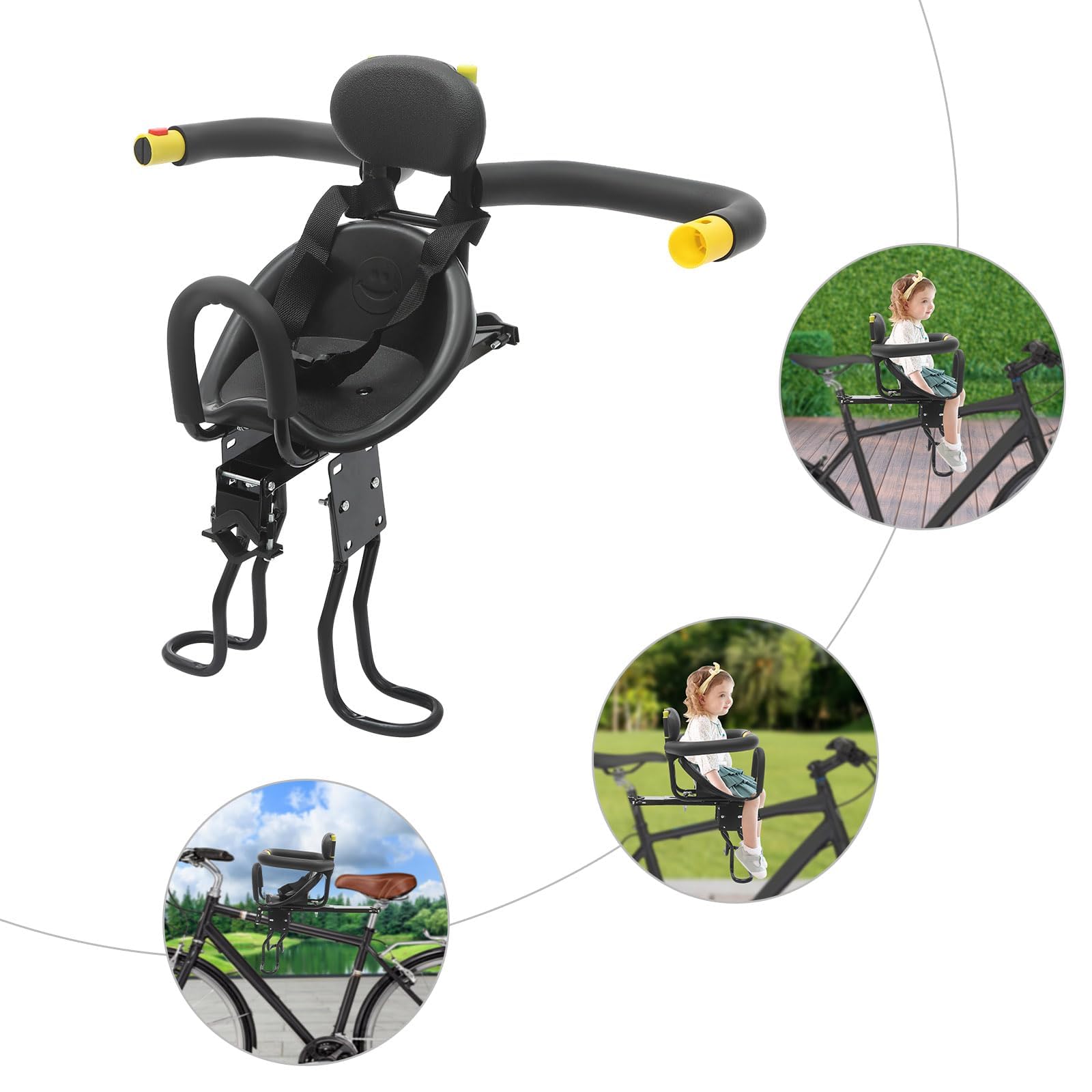 Asiento de bicicleta infantil delantero, Asiento de bicicleta ajustable para niños con pedales y respaldo de apoyo, Asiento de bicicleta para niños para bicicleta de montaña y bicicleta de