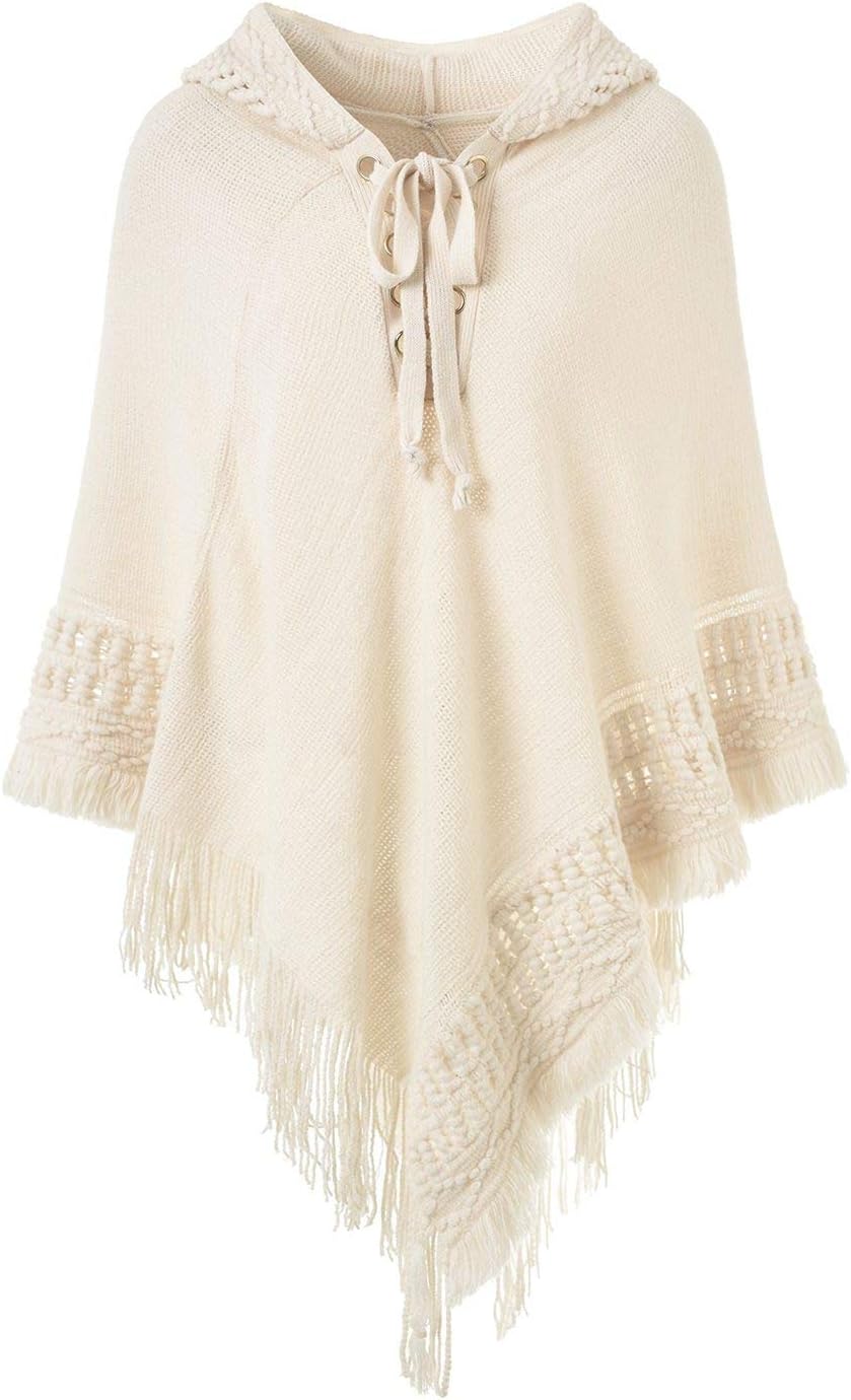 Ferand Women’s Crochet Knit Drawstring Hooded Poncho Sweater , One size , Upgraded Drawstring Style: Beige