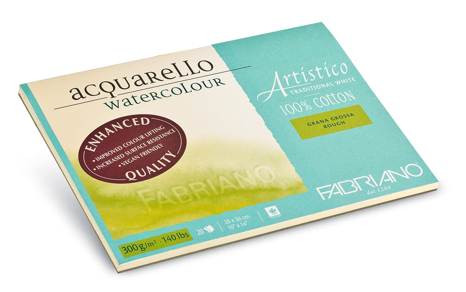 Fabriano Artistico Acquarello Watercolour, naturweiß, Grobkorn, 26 x 36 cm, 20 Blatt 300 g/m², hochwertiger Künstler-Aquarellkarton, Block 4-seitig geleimt, vegan
