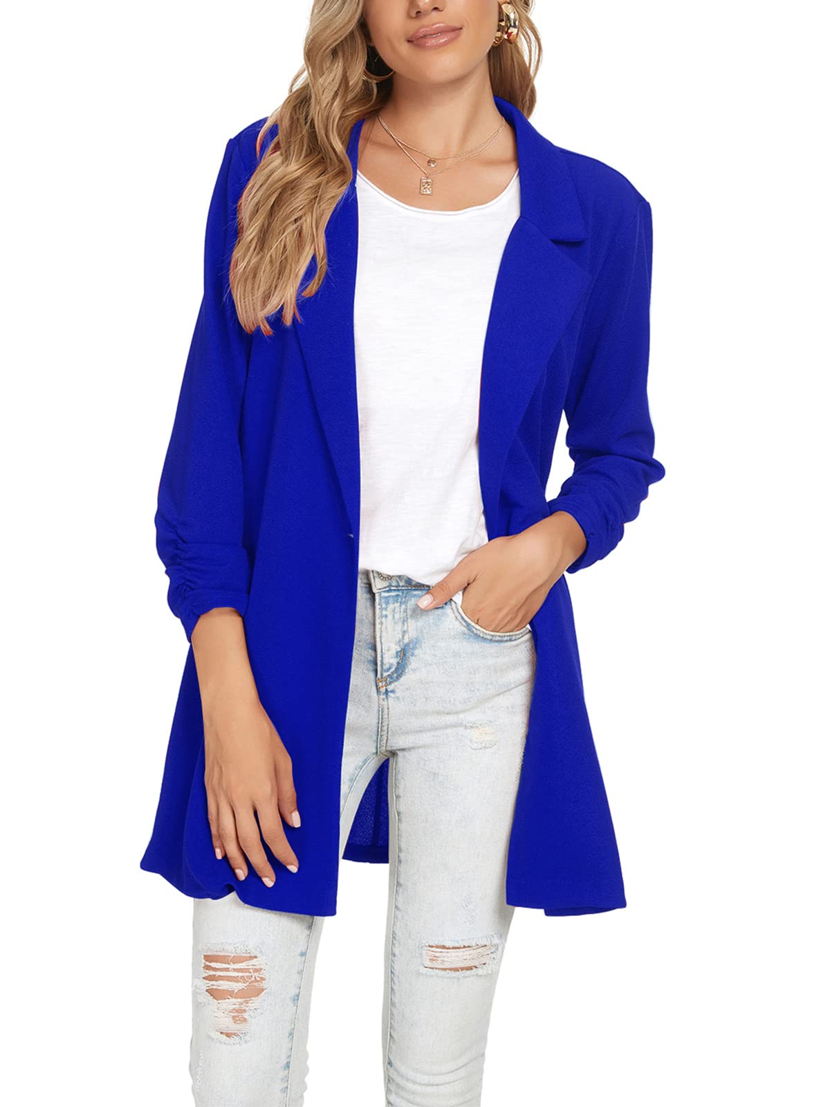 Unifizz Women Long Blazers for Business Casual 3 4 Sleeve Button Front Notch Lapel Lightweight Work Office Blazer