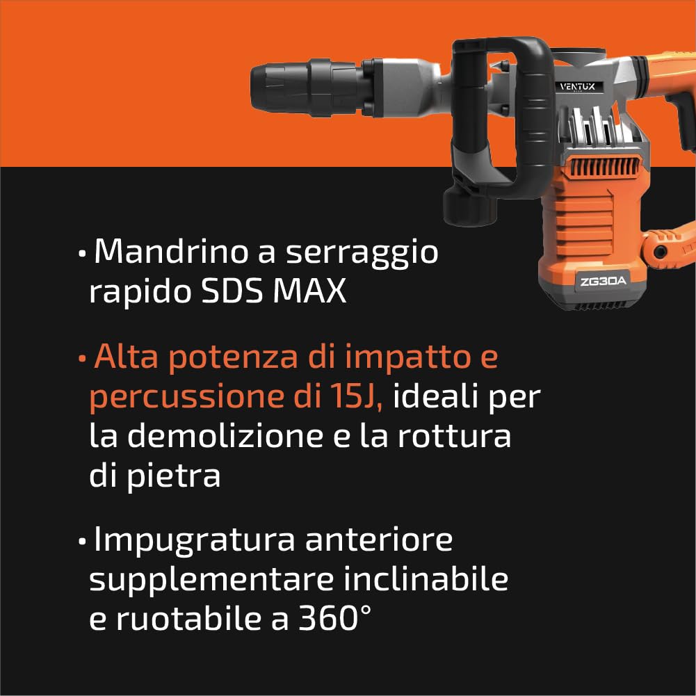 Martello Demolitore Professionale -1300W con 3 Punte e Scalpello - Martello Per Lavori di Demolizione su Cemento e Muratura - Demolitore Elettrico ad alta potenza e Manico Antivibrazione