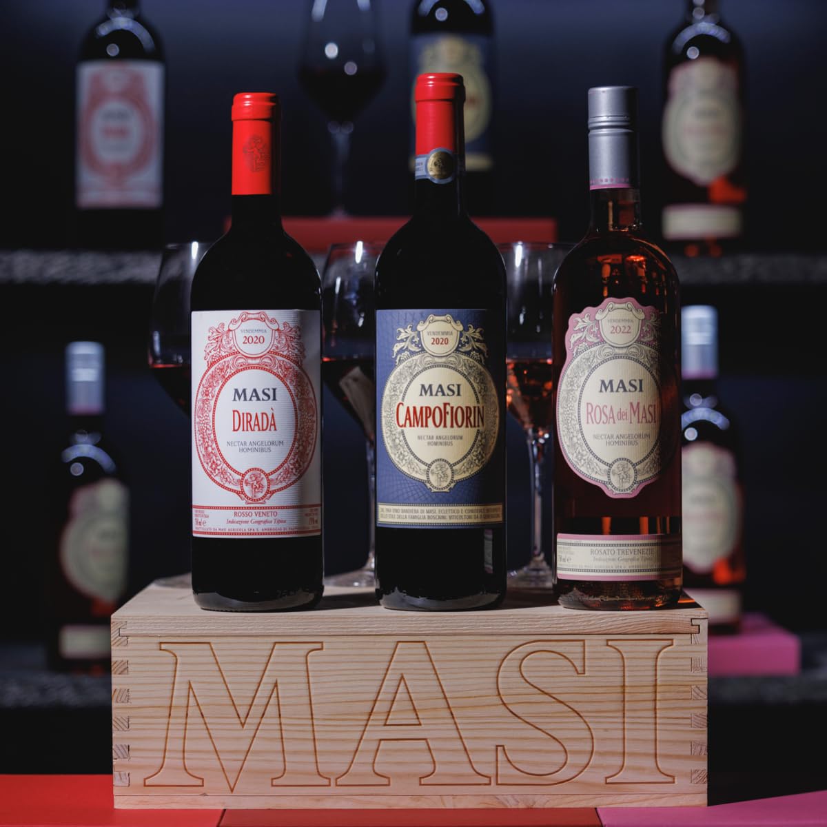 Paquet exclusif "Matices de Masi" | DIRADA' Rosso Veneto IGT, CAMPOFIORIN Rosso Verona IGT, ROSA DEI MASI Rosado delle Venezie IGT | 3X750 ml | Caisse en bois