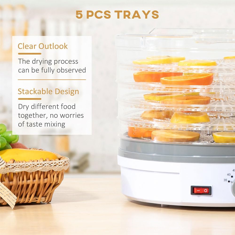 Máquina de Secador de Frutas, Deshidratón de Alimentos con 5 Bandejas Extraíbles, 35-70 ° Control Mecánico Ajustable Para Frutas Vegetales Secador de Carne de Res Máquina de Verduras