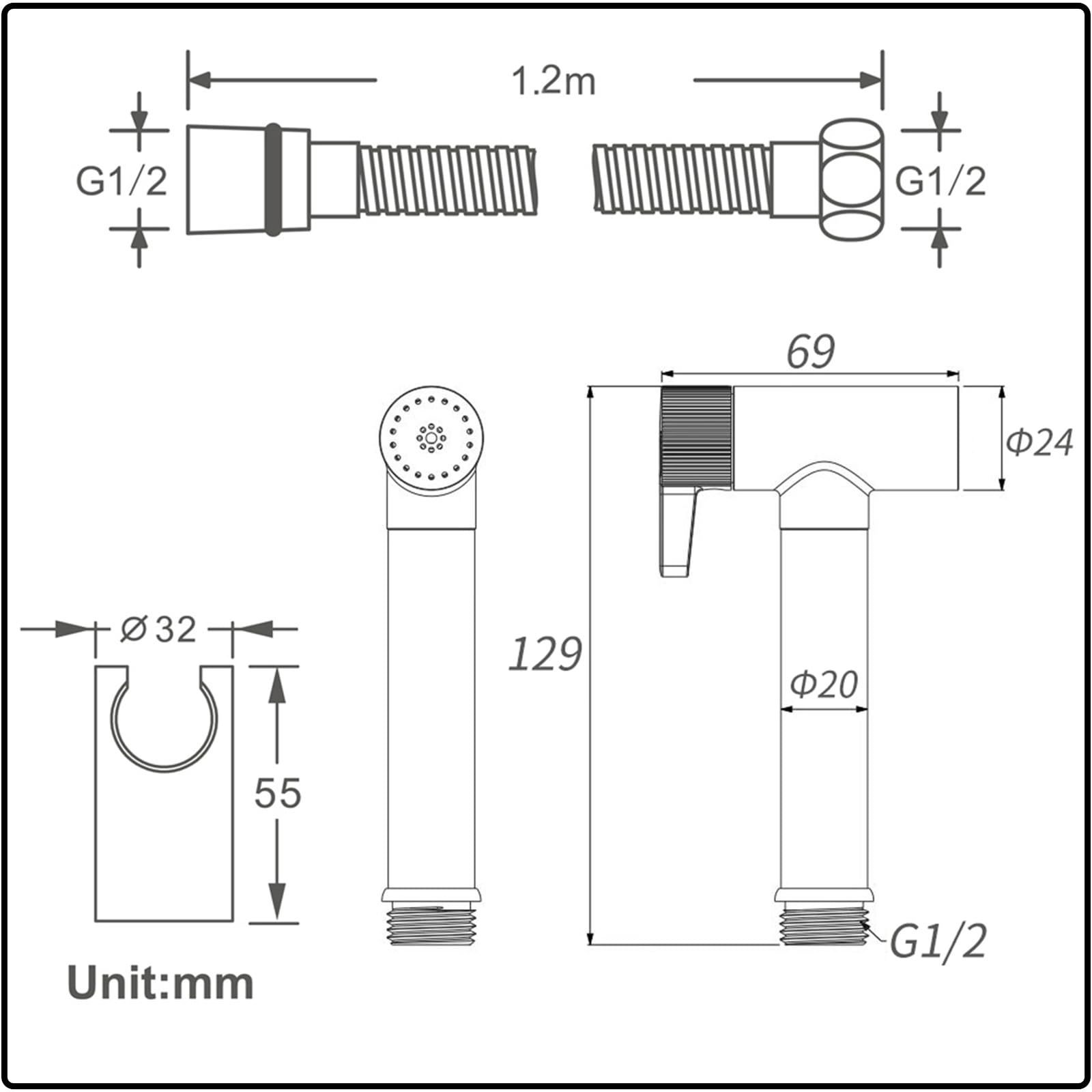 Doccetta per Bidet Nero Spruzzatore per Bidet Ottone Idroscopino per WC, con Spruzzatore a Doppia Funzione in Ottone, 1.2M Tubo Doccia, Staffa