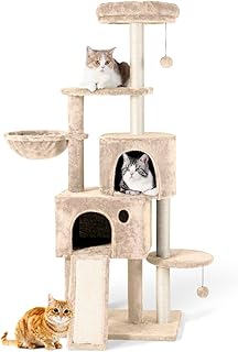 TSCOMON Multi-Level Cat Tree Cat Tower for Indoor Cats, Tall Plush Rest Area with Spacious Cat Condos, Scratching Posts with Hammock Basket and Hanging Toys, Cat Furniture with House for Rest & Fun