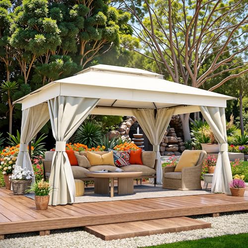LAUSAINT HOME Semi-Permanent Patio Gazebo 10'x13' with Expansion Bolts, Outdoor Heavy Duty Party Tent with Double Roofs, Mosquito Nettings and Privacy Screens for Backyard, Garden, Lawn, Cream White