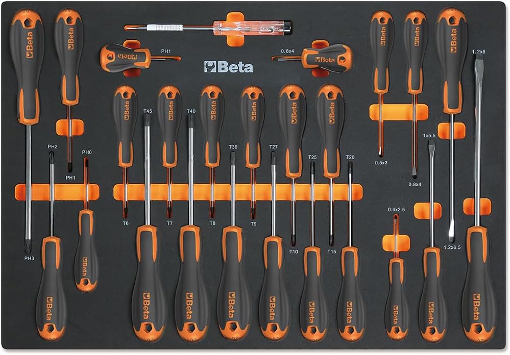 Beta MM210 25 Piece Slotted, Phillips and Torx Screwdriver Set in Soft Thermoformed Tray for Tool Cabinet Drawer