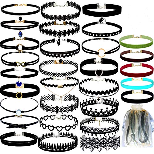 YOKER 30 Pcs Black Choker Necklaces Set for Womens Velvet Choker Set Classic Gothic Tattoo Lace Chokers Adjustable for Party Cosplay Christmas Birthday Jewelry