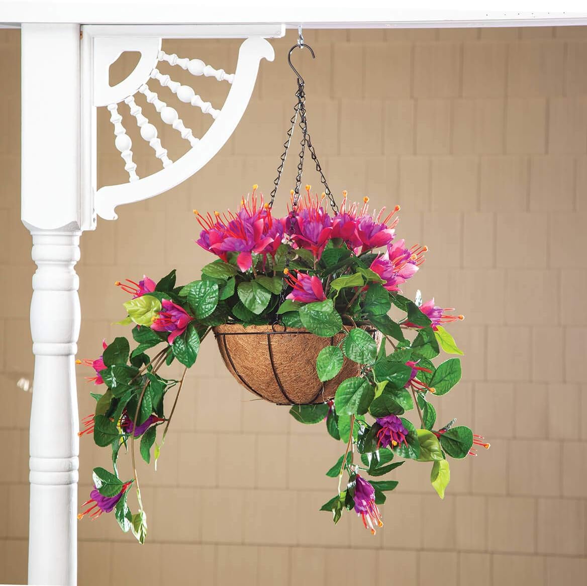 OakRidge Fully Assembled Artificial Fuchsia Hanging Basket – Polyester/Plastic Flowers in Metal/Coco Fiber Liner Basket for Indoor/Outdoor Use (Purple)