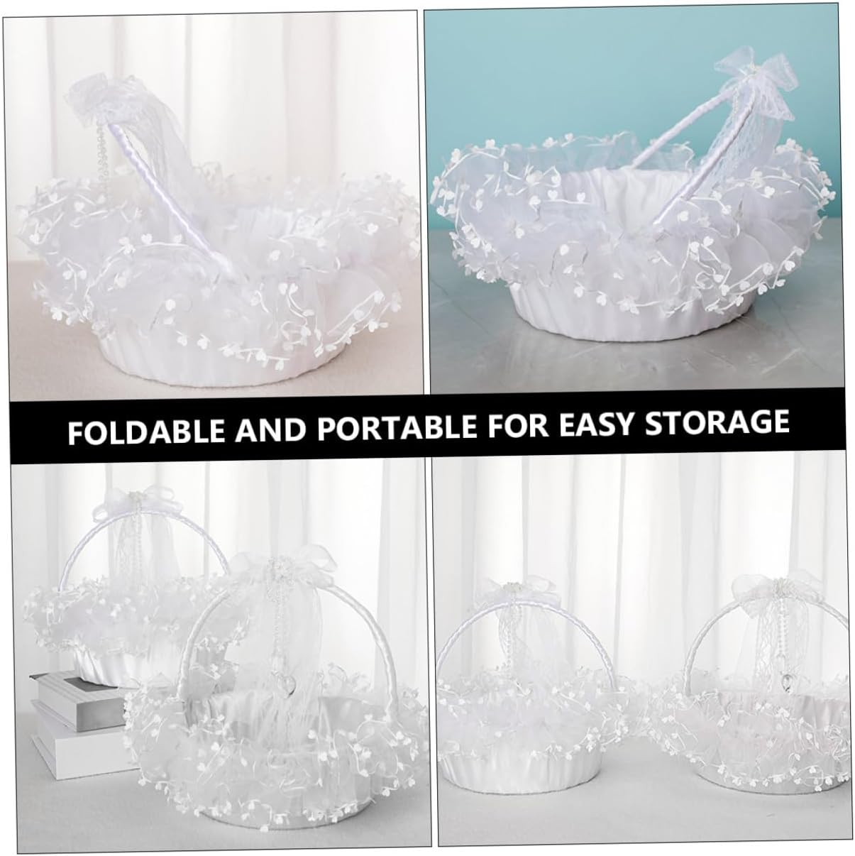 Uonlytech Delicate Wedding Flower Girl Basket Handheld Lace Basket for Wedding Ceremony and Party Supplies