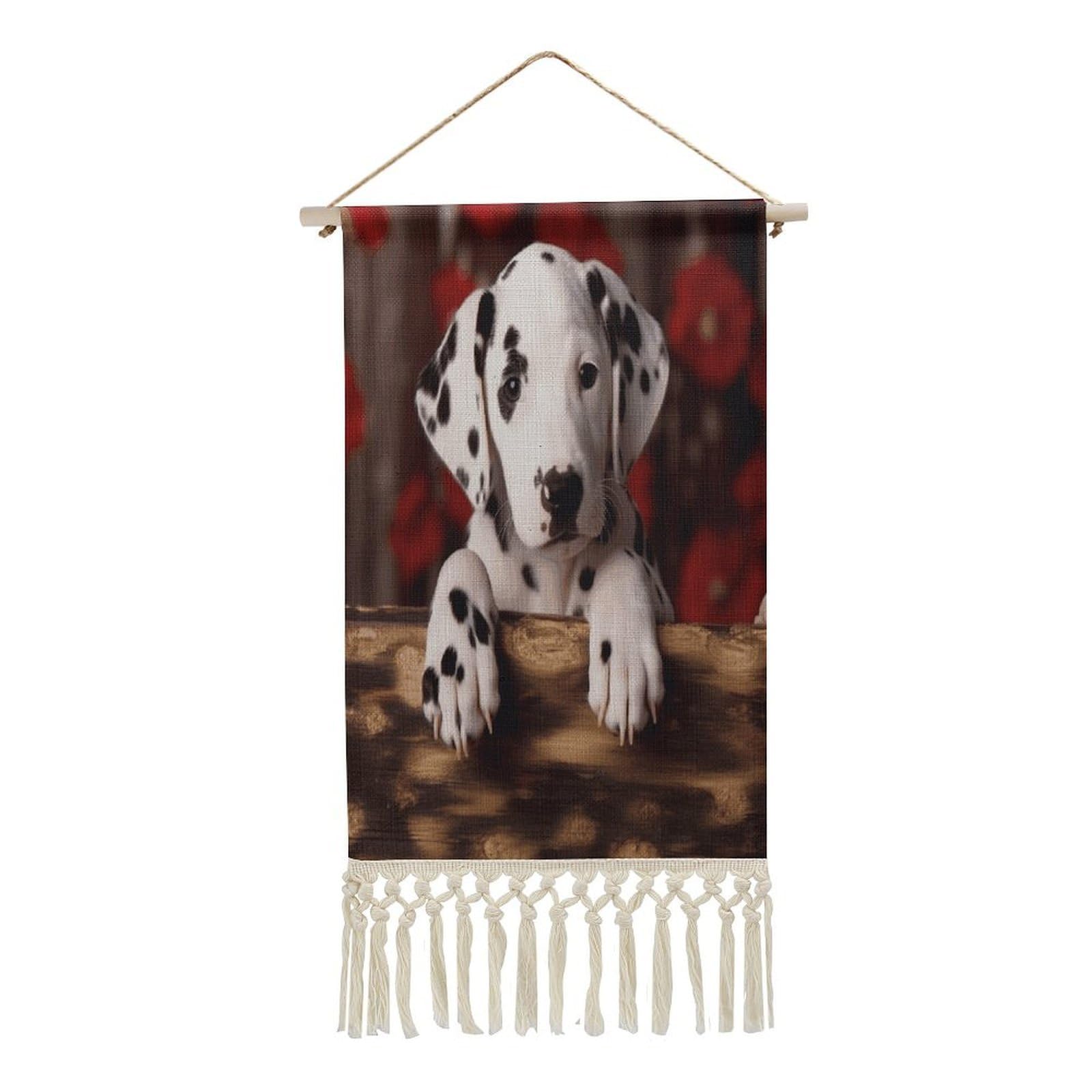 VstaDank Dalmatian Puppy Wall Art Decor with Tassels 20"x10" Cotton Linen Hanging Tapestry Decor Wall Art Prints Wood Frame Boho Wall Art Poster for Bedroom Living Room Office