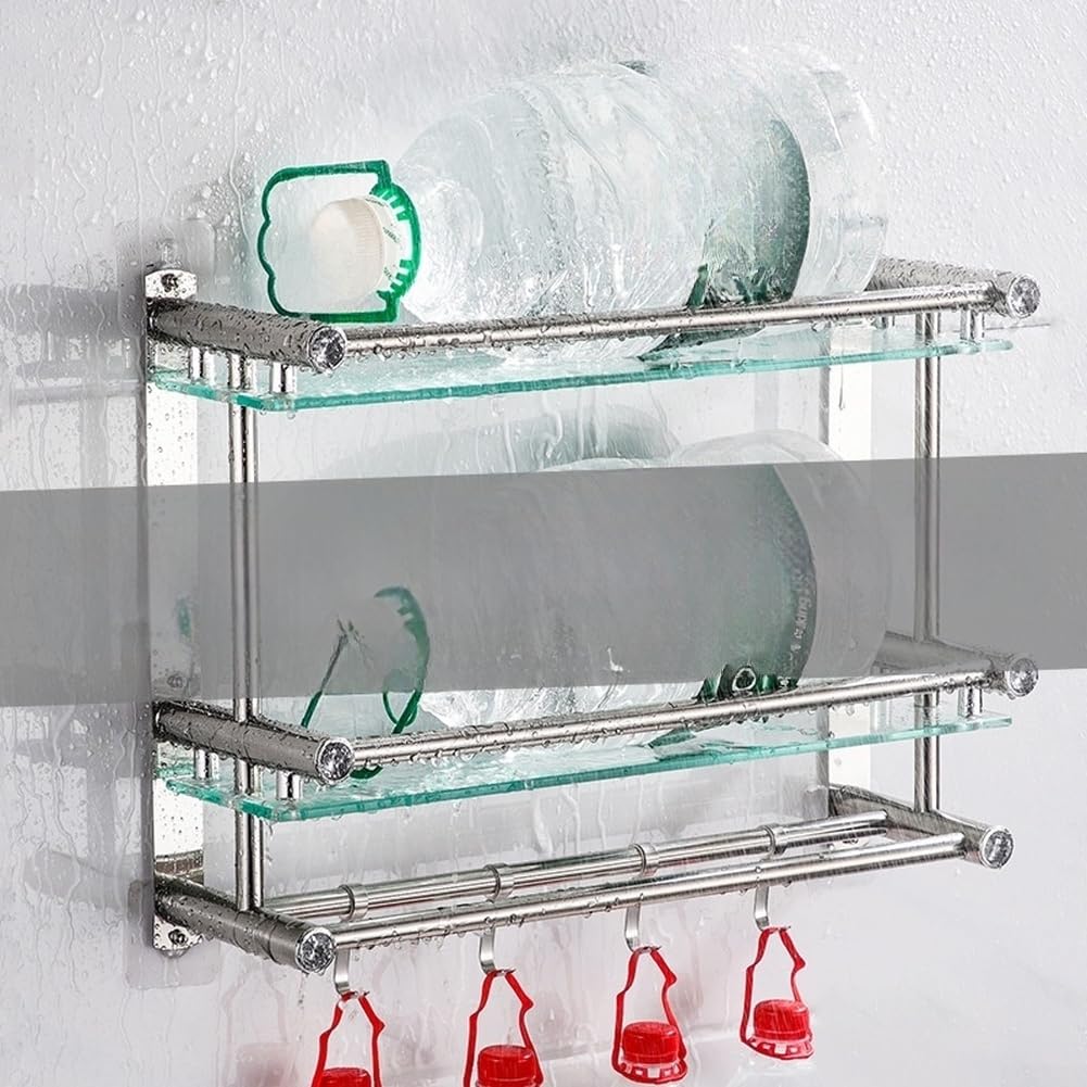 Estantes de baño de vidrio templado con diseño flotante esquinero marco de acero inoxidable de 40 cm (