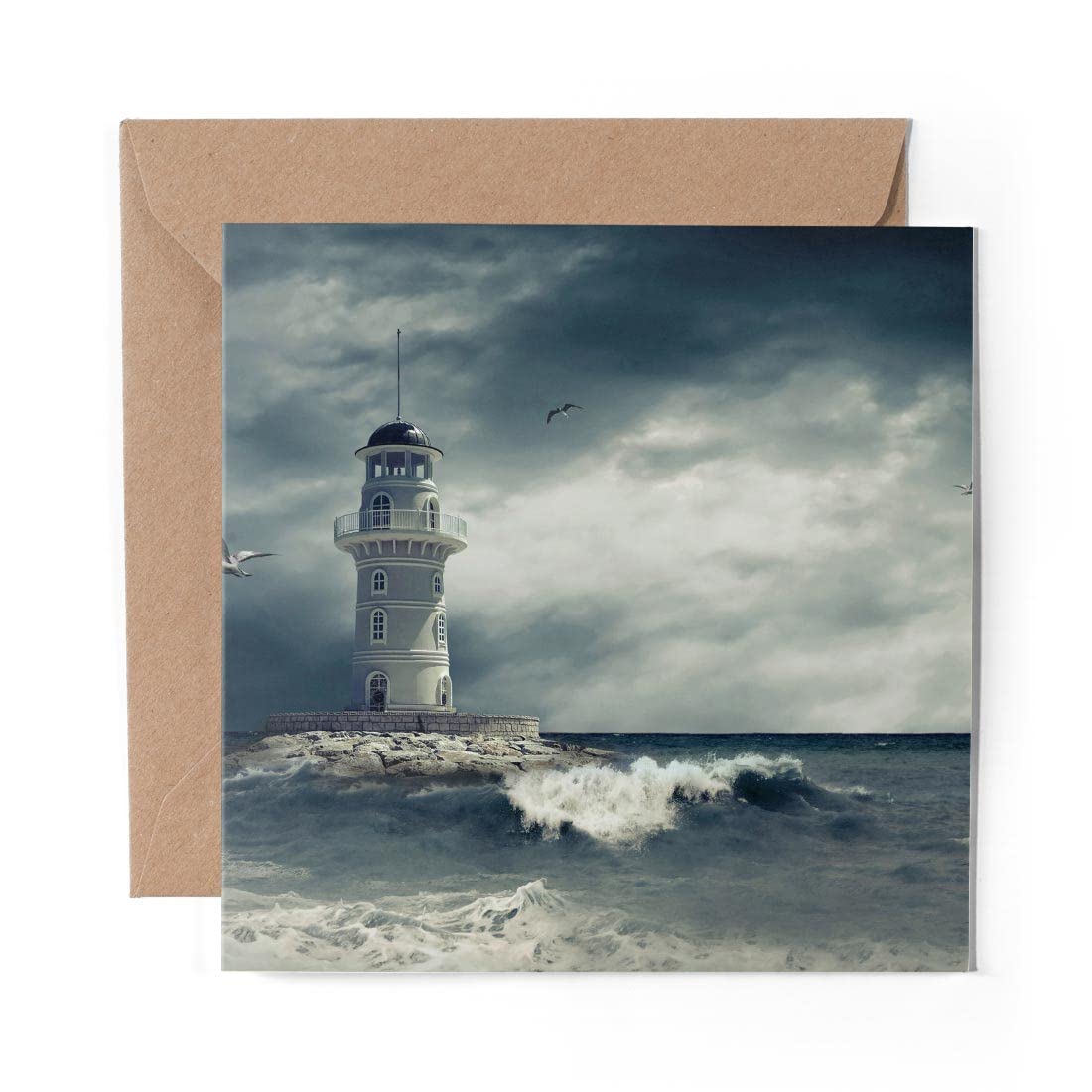 DV Design 1 x Greeting Card Island Lighthouse Sea Waves Storm - Blank Birthday Celebration Anniversary #16589