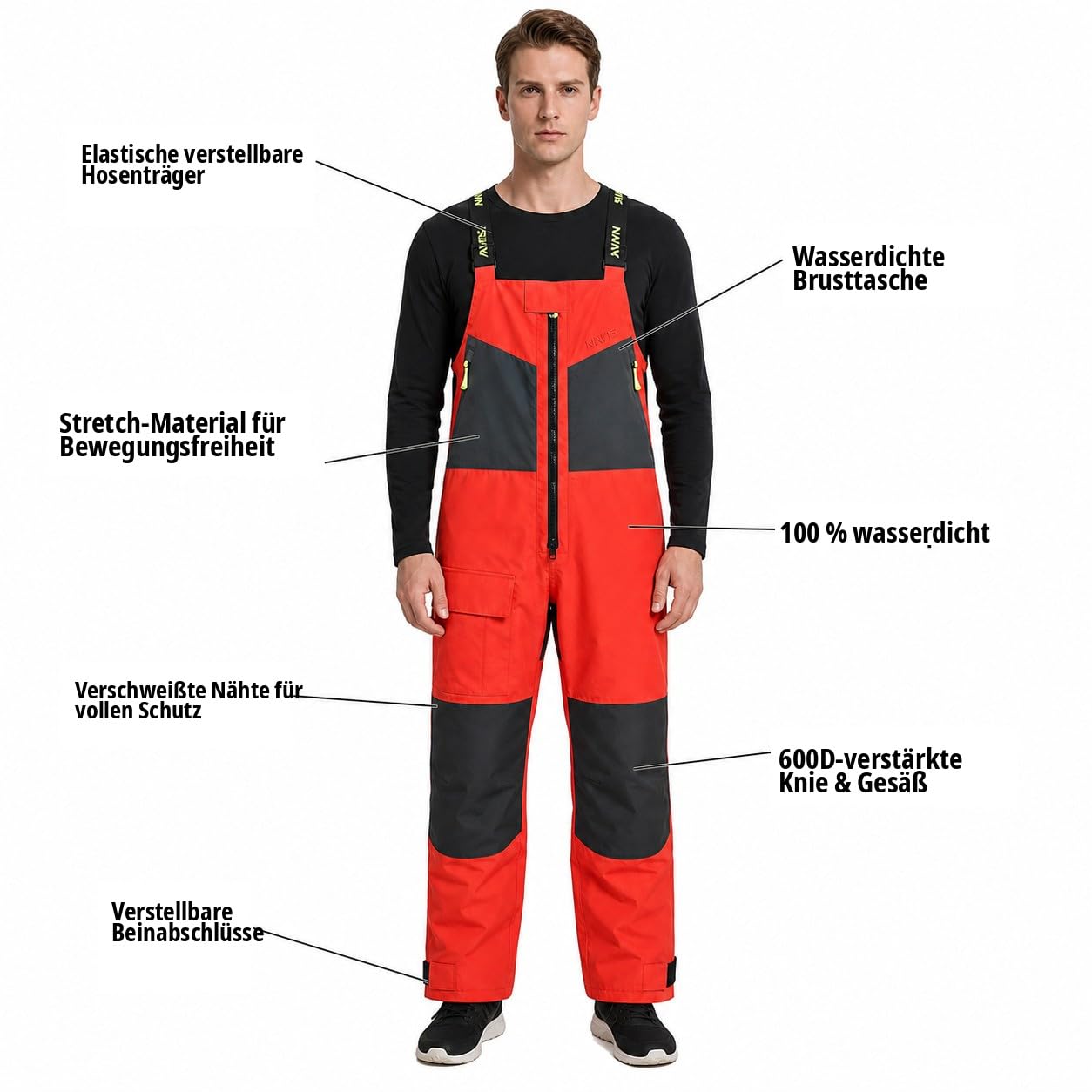 Herren Offshore Segelanzug 3-Lagen Wasserdicht Atmungsaktiv - Profi Segeljacke mit Neon-Kapuze & Reflektoren + Verstärkte Latzhose NS-547