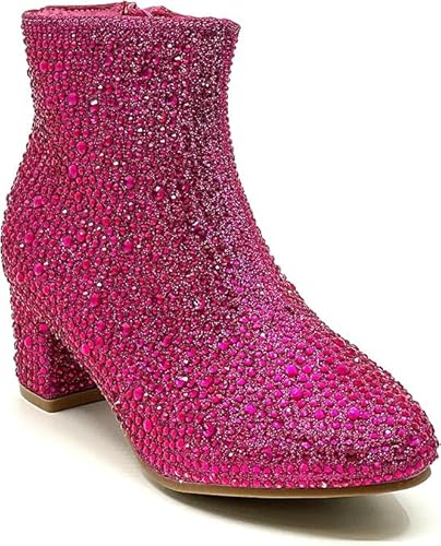 Forever Girls Rhinestone Boots Kids Low Heel Dress Booties Iceberg-12K Shoes Fuchsia Rhinestone 9
