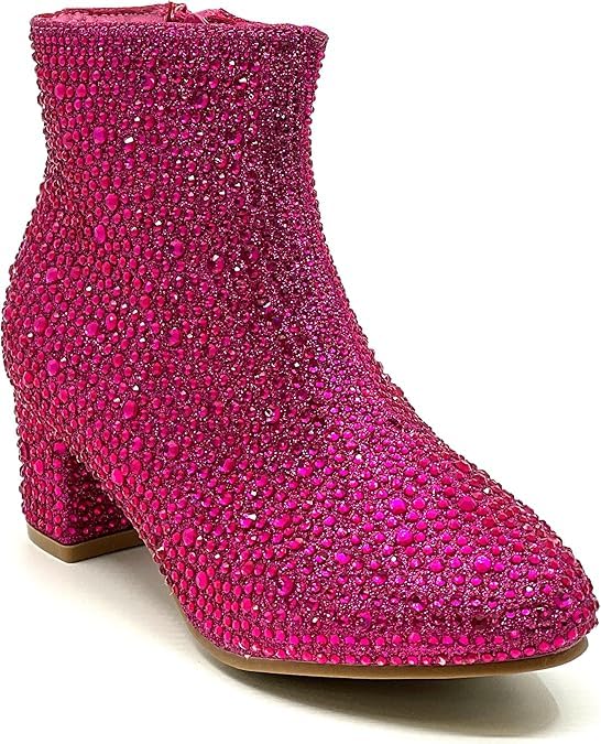 Forever Girls Rhinestone Boots Kids Low Heel Dress Booties Iceberg-12K Shoes Fuchsia Rhinestone 10