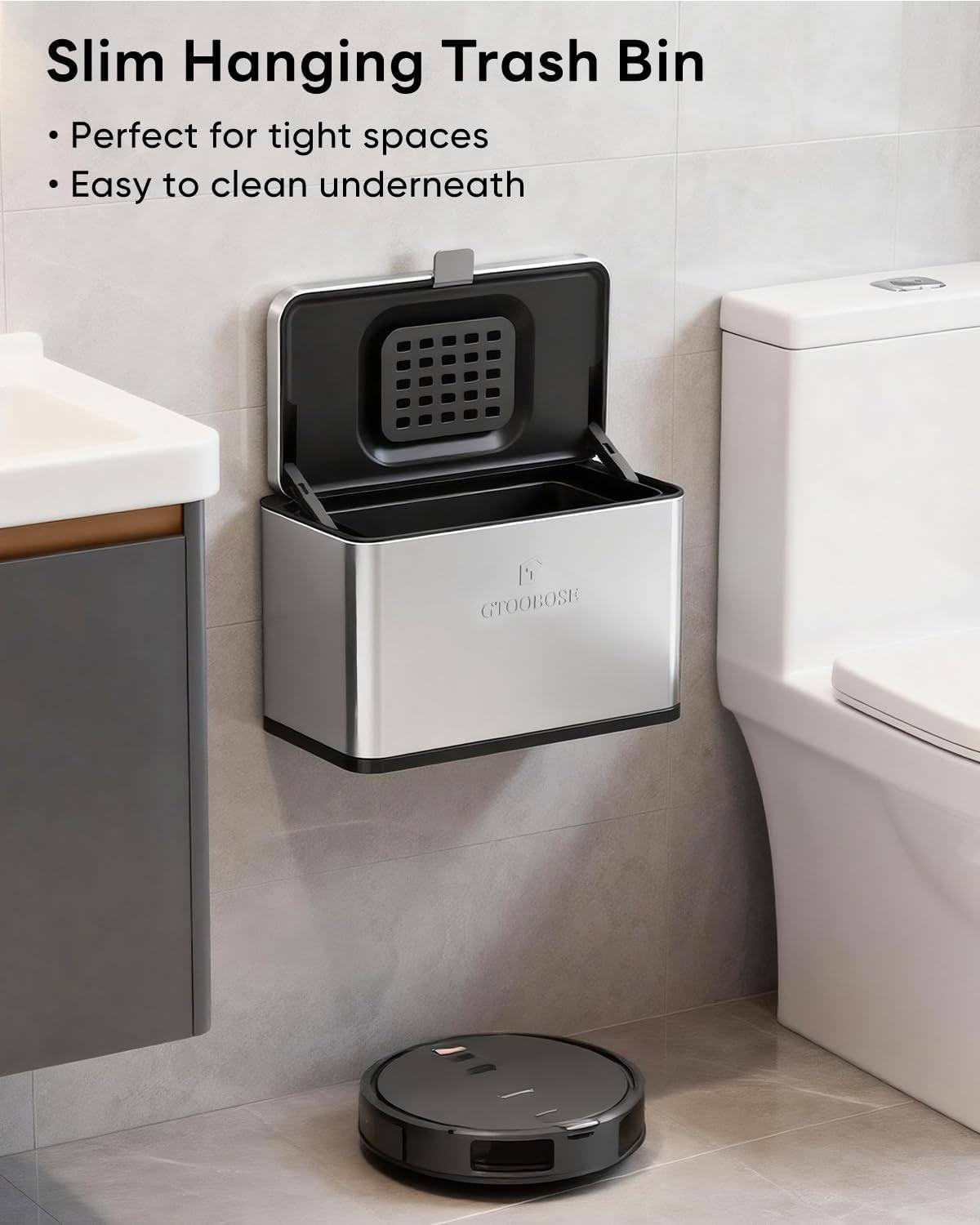 Kitchen Mini Compost Bin, 4L/1G Small Trash Can with Lid, Slim Stainless Steel Hanging Garbage Bin for Kitchen, Bathroom, Bedroom, Office, Wall Mounted Compost Bin with Inner Bucket, Silver