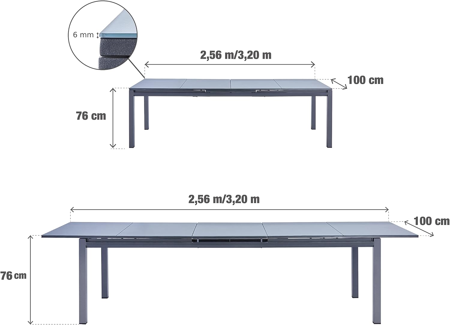 Diagram showing dimensions of the NATERIAL Odyssea table in compact and extended states, with detail of glass thickness