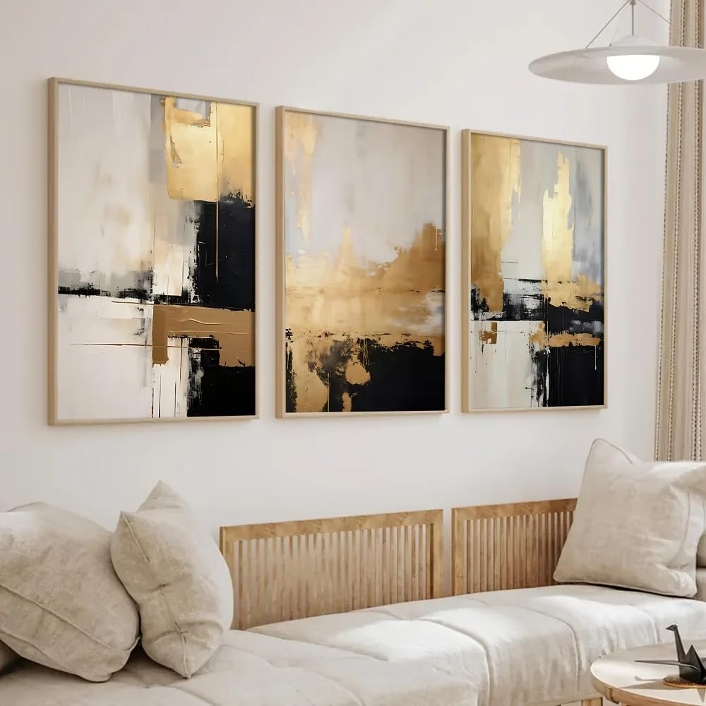 LMYSXAOZ Retro,Abstract Nordic Minimalist Beige Black And Gold Mixed Painting Canvas Wall Art Prints Room Office Home Decoration(35x50cm-3Pcs)