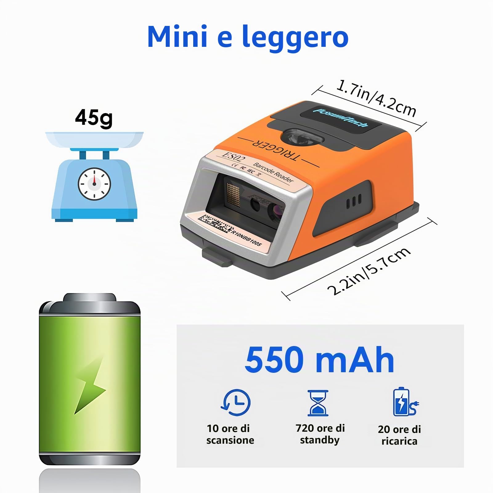ES02 scanner per codici a barre guanto, scanner portatile Bluetooth 2D, grado di protezione IP65, adatto per magazzino, produzione, trasporto, raccolta e altre applicazioni.