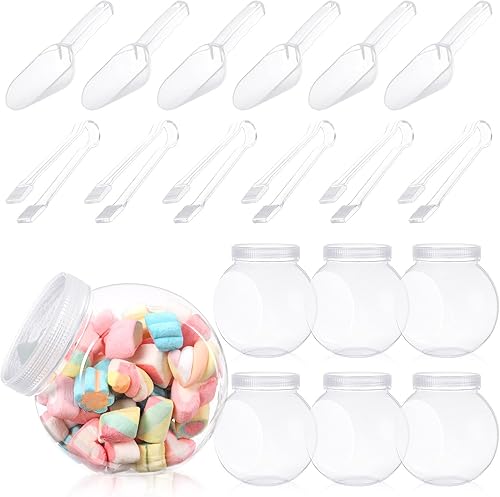 Sunnyray 6 juegos de tarros de plástico para dulces de 51 onzas para bufé de dulces con tapas, tarros de barra transparente con cucharas y pinzas
