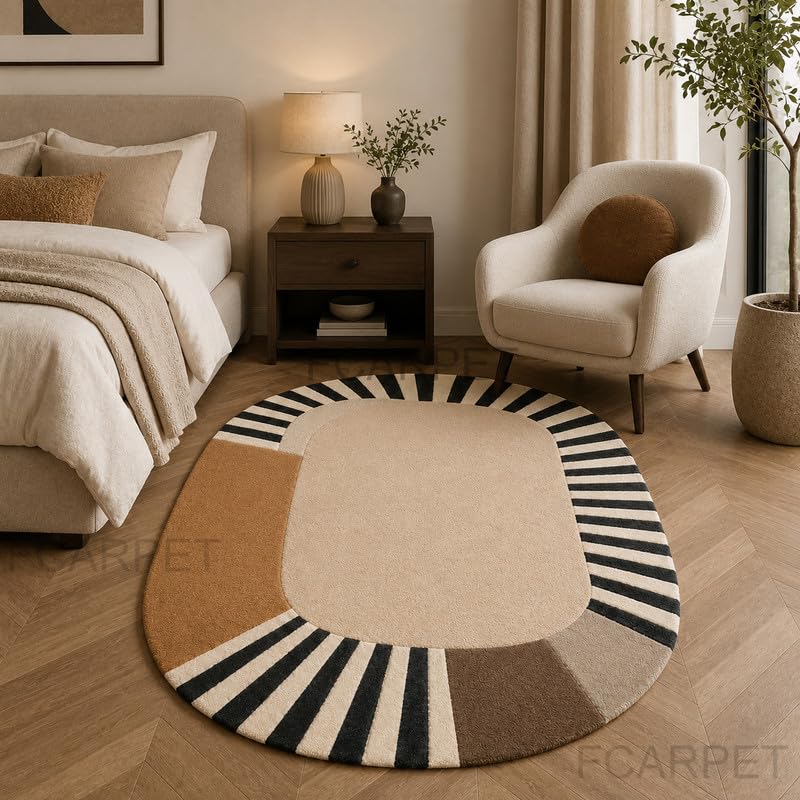 Image of Oval Carpet with Geometric Stripe Border Luxury Wool (Multicolor 10 x 14 feet)