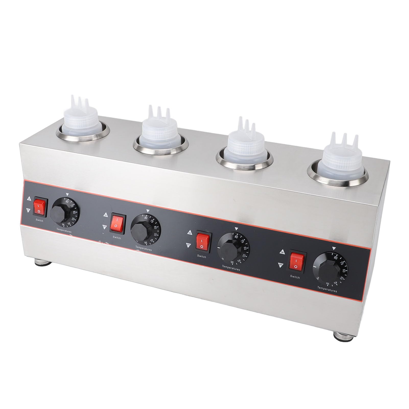 Fdit Calentador de Eléctrico con 4 Botellas Exprimibles, 640W Dispensador de Queso Comercial 2600ml 30-85°C Ajustable Acero Inoxidable para Nacho Queso Caramelo Chocolate (Enchufe Europeo 220V)