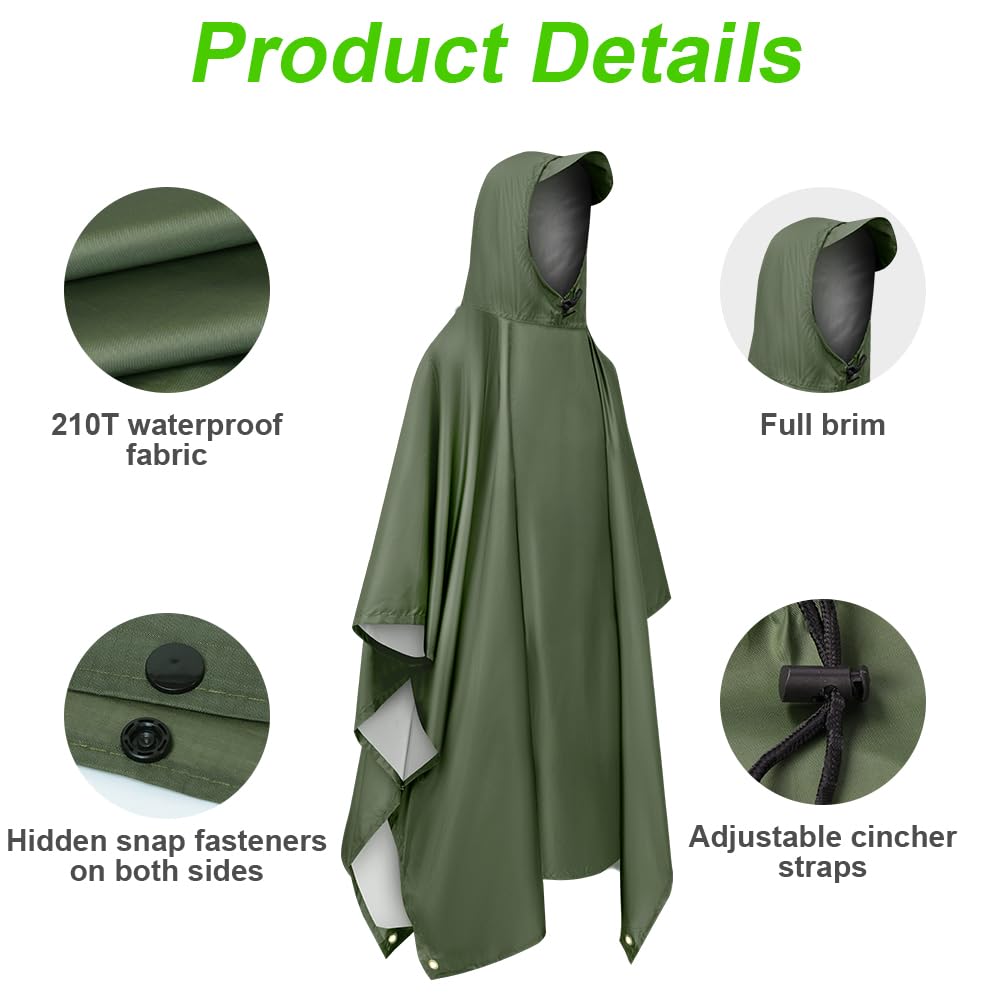 Vicloon Poncho de Lluvia Impermeable, Chubasquero con Capucha para Mujer Hombres, 3 en 1 Multifuncional Chubasquero Transpirable Ultrafino, Toldo Manta, Estera de Camping, Talla grande con Bolsa A