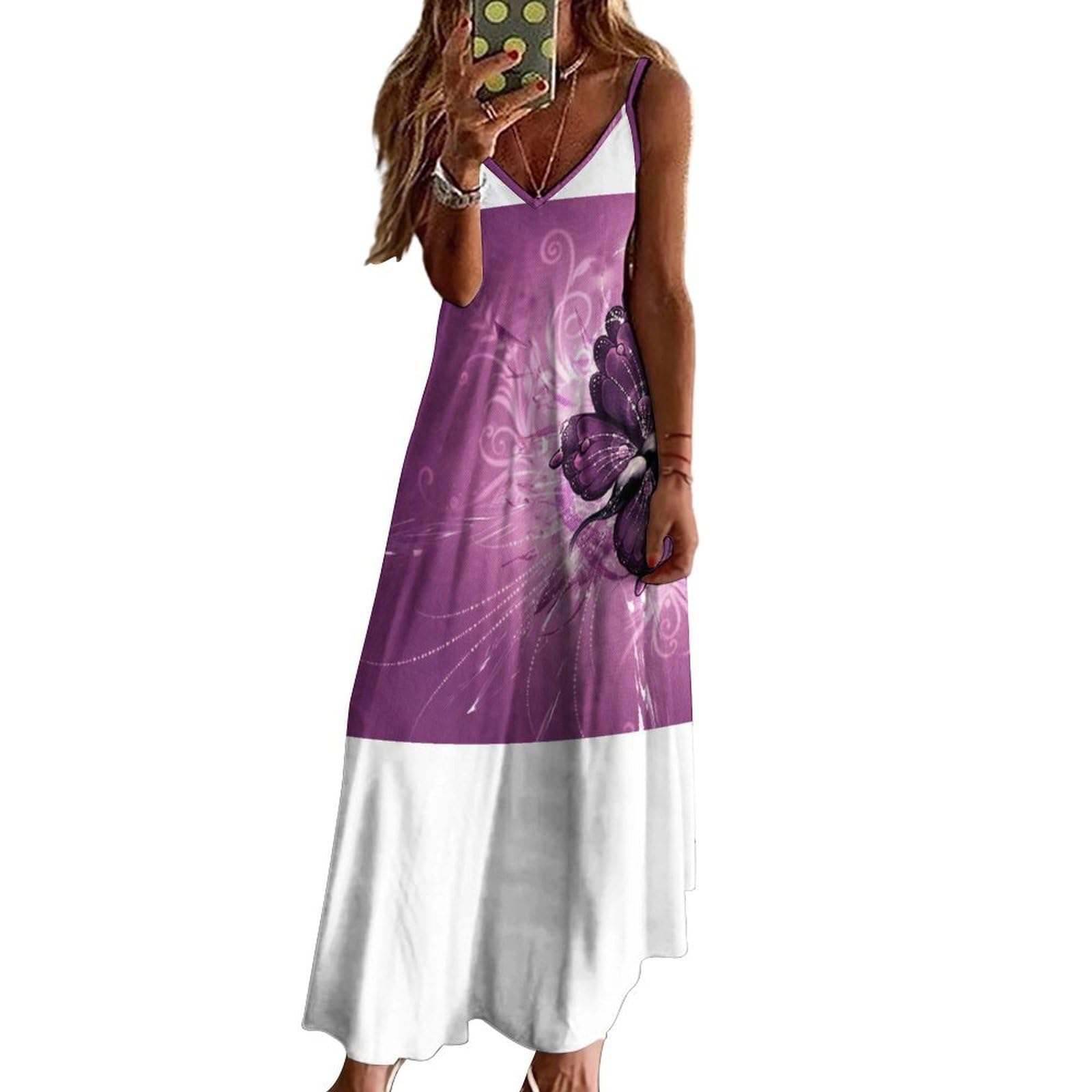 Vestido largo de verano para mujer, vestido de verano con cuello en V, tirantes delgados, vestido de playa