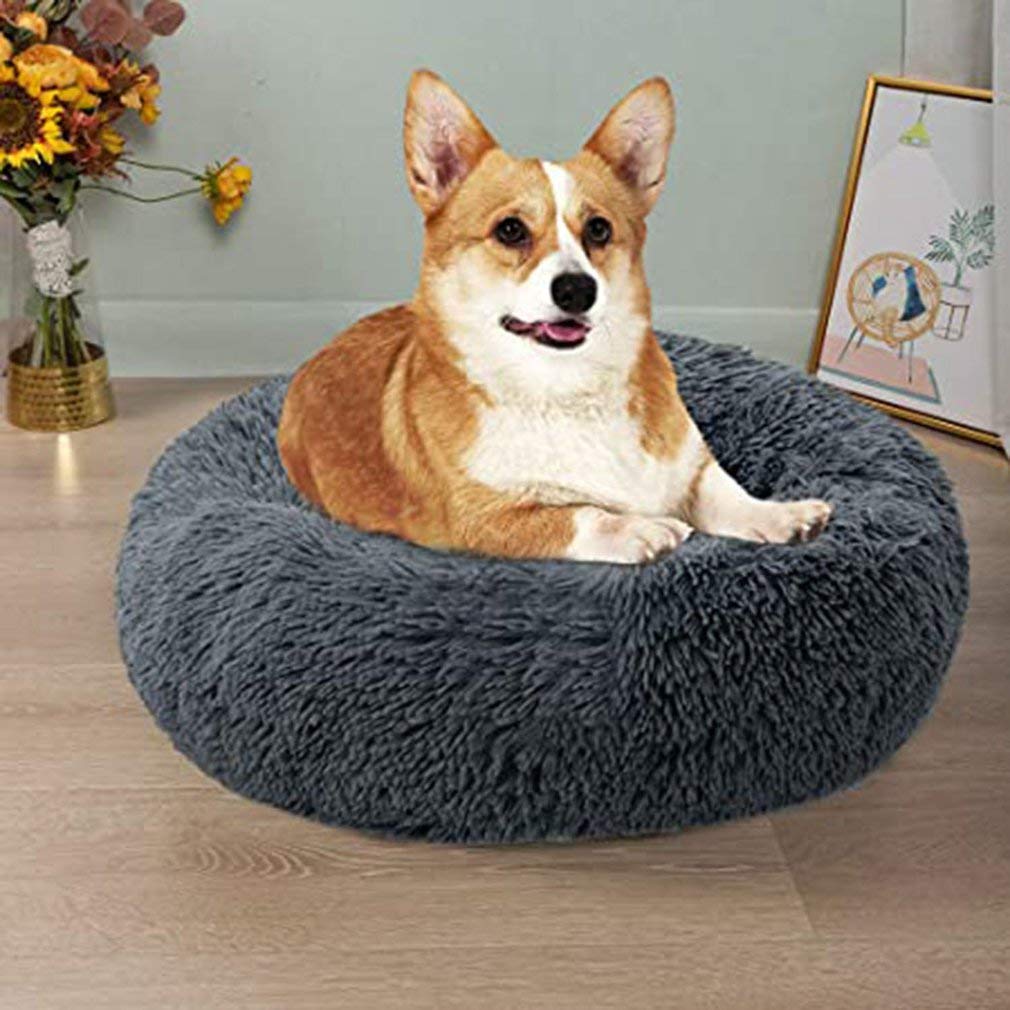 Cestas para perros de felpa, cama de cojín redondo para gatos, cesta, sofá cama redondo de felpa, cálido y acogedor, adecuado para animales de tamaño pequeño y mediano (100 cm, gris oscuro)
