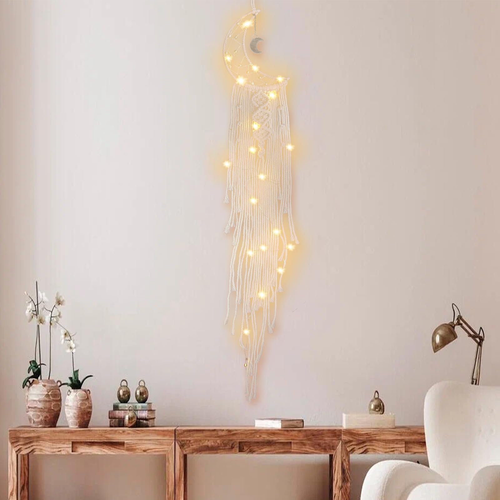 Acchiappasogni Con Luci LED - Decorazione Parete Bohémien In Macramè, Regalo Spiritualità - Foto 3