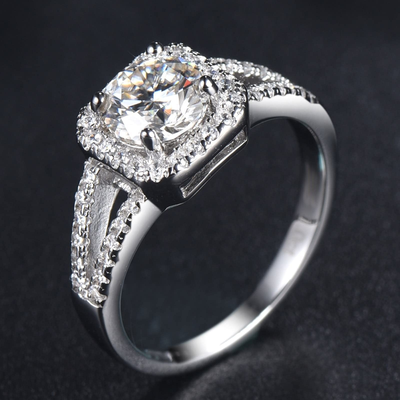 WXKAGF Ringe für Damen, Vintage, einzigartige Eheringe für Damen, Halo-Design, 4 Zinken, Silber mit weißem, rundem, brillantem Moissanit-Sterlingsilber