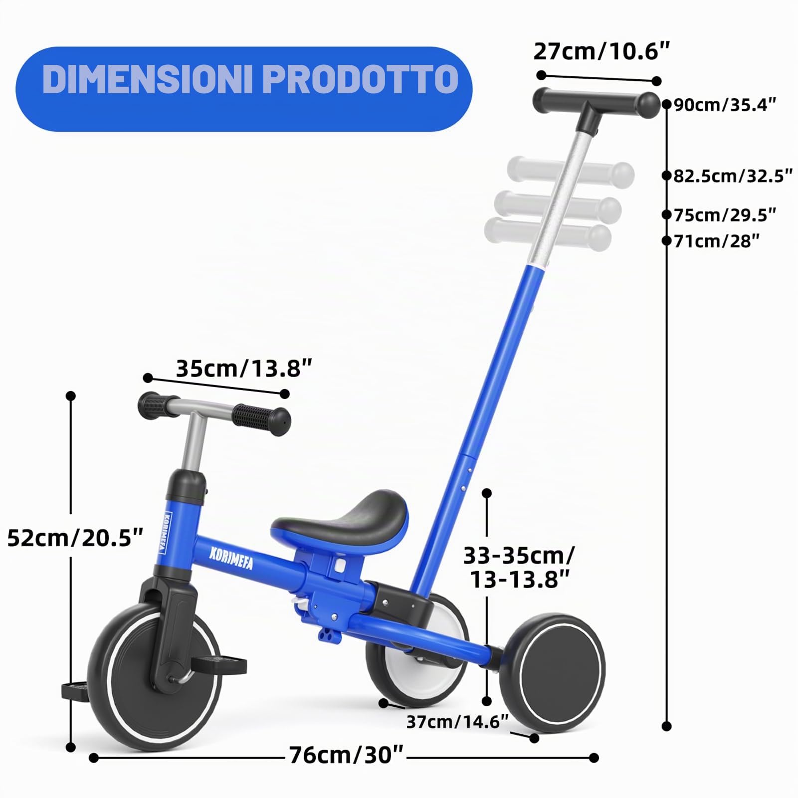 KORIMEFA Triciclo Bambini 1 anno con barra di spinta, triciclo per bambini 5 in 1 da 1 a 3 anni, sedile regolabile, pedali rimovibili, Bicicletta per Bimba e Bimbo (blu)