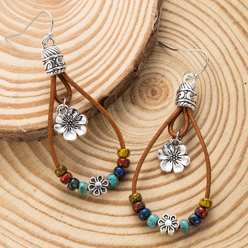 Boho Earrings for Women,Handmade Vintage Dangle Drop Earring,Western Country with Nature Stone and Flower 7