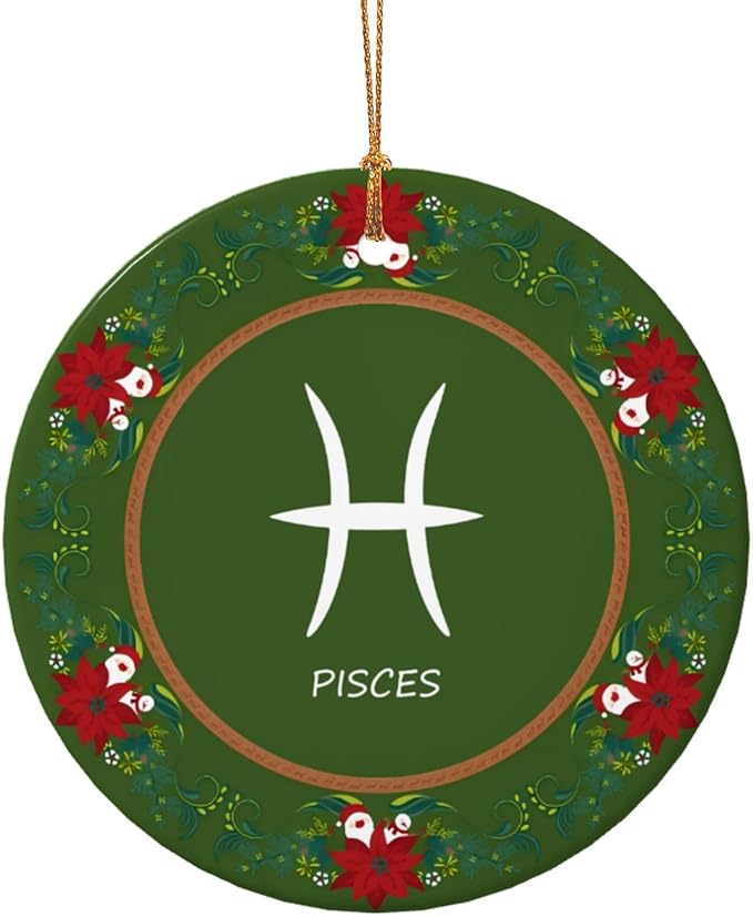 Pisces Sign Christmas Ornaments, Round Ceramic Porcelain Ornaments for Xmas Christmas Tree Decor, Home Ornament Office Decoration Xmas Souvenirs